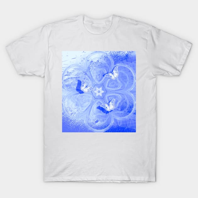 Butterflies in blue abstract landscape T-Shirt by hereswendy